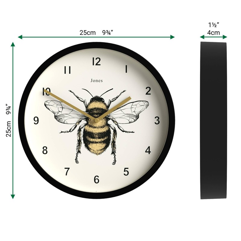JONES CLOCKS Bee Wall Clock Small Modern Clock with Honey
