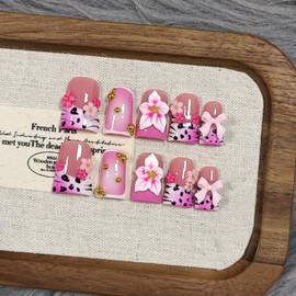 TENPAL 10Pcs Ballerina Press On Nails With Tools,Animal Print Flushed French Tips Glue on Nail with Gold Beads,3D Bow Flowers Designs Fake Nails,Glitter Sweet Punk Acrylic Duckbill Coffin Nails(L)