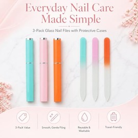 3-Pack Glass Nail Files for Natural Nails, Glass Nail File with Case, Stocking Stuffers for Teen Girls and Women, Pink, Green, and Orange
