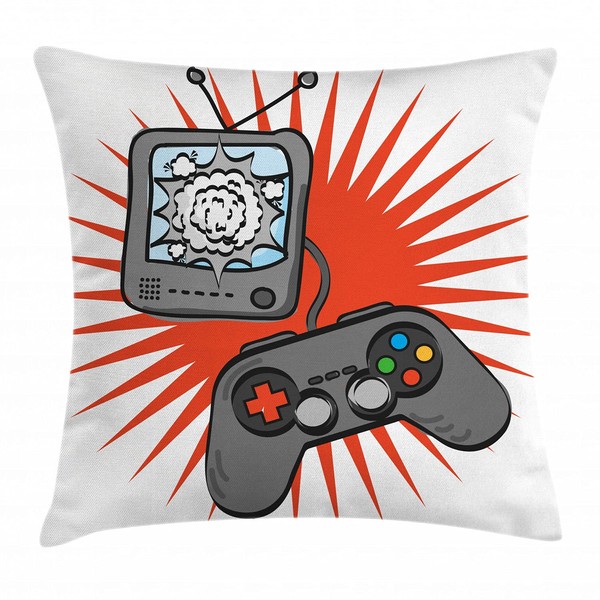 Lunarable Games Throw Pillow Cushion Cover, Kids Video Games Themed Design in Retro Style Gamepad Console Entertainment, Decorative Square Accent Pillow Case, 18" X 18", Grey Orange