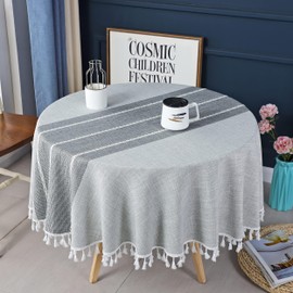 Nesrefyn Round Tablecloth 55 Inch (140cm) - Grey Linen-Look Polyester Table Cover with Tassel Trim, Wrinkle Free & Wipeable for Dining, Kitchen, Parties