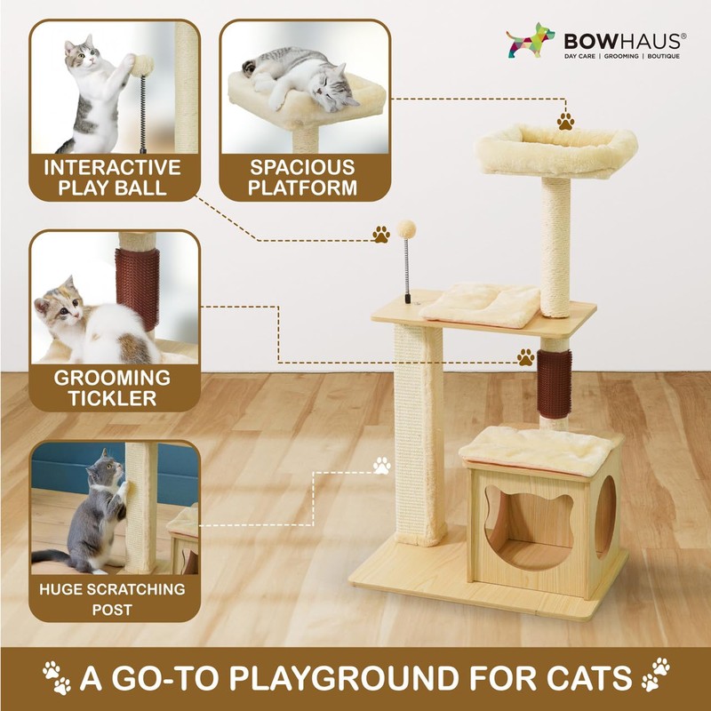BOWHAUS 42” Wooden Cat Tree Tower for Indoor Large Cats