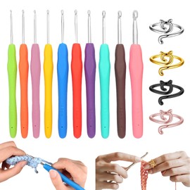 KASESSS Pack of 10 Aluminium Crochet Hooks, Crochet Hooks for Crochet and Knitting with 4 Pieces Crochet Ring, 10 Size Ergonomic Crochet Hook Set, Crochet Hook with Multicoloured Soft Grip for