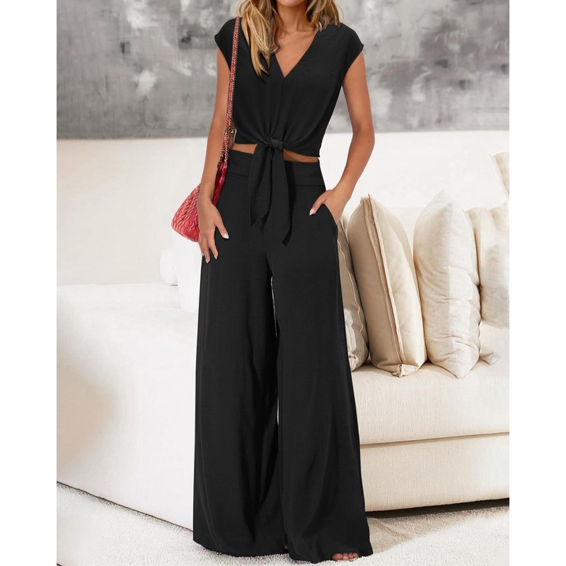 PRETTYGARDEN Women's Summer 2 Piece Outfits 2025 Cap Sleeve V
