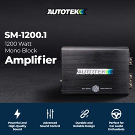 Autotek 1200 Watt 1 Channel Car Audio Amplifier, High Output Class D Mono Bridged 4 Ohm Stable Input, Street Machine, SM-1200.1, Black