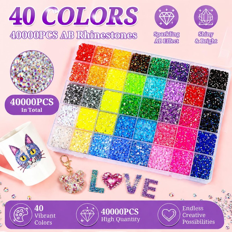 Rhinestones for Bedazzling Kit, 40000Pcs Multi-Color 3mm Resin Flatback Gems