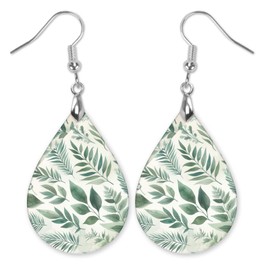 Sage Green Leaf Teardrop Earrings Botanical Print Handmade by The Painted Pug