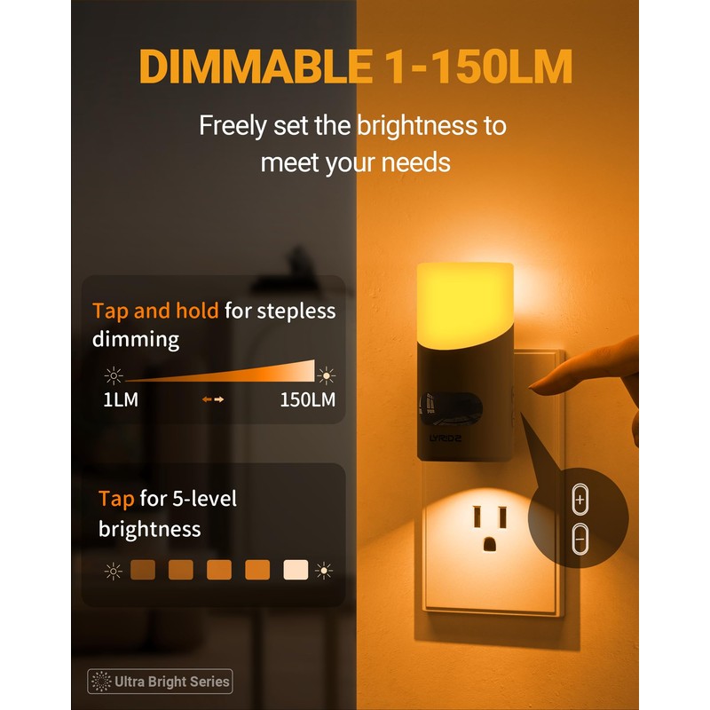 Lyridz Amber Night Light with Motion Sensor, 1-150LM Dimmable Plug-in
