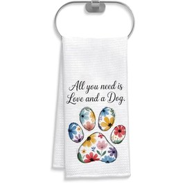 CoCray66 All You Need is Love and A Dog Kitchen Towel - Floral Puppy Paws Towel Gift for Dog Lover - Pet Quote - Paws Pet - Housewarming Gift - Soft & Absorbent Kitchen Towels 16X24