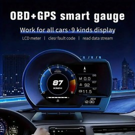 Car Head Up Display, Cars Heads Up Display, Horizontal Vehicle Display, OBD2 + GPS, with Adjustable Holder, Speed, Overspeed Alarm, Multilingual Display, for All Vehicles
