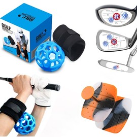 Golf Training Aid Bundle - 3-in-1 Golf Aid kit Including Golf Swing Trainer Ball, 60Pcs Impact Tape and 2Pcs T-Grips Corrector | Improve Swing Rhythm, Grip & Impact Precision | Perfect for Home (Blue)