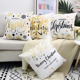 LAXEUYO Christmas Cushion Covers 18x18, Xmas Series Golden Snowflake Pattern Velvet Fiber Decorative Throw Pillow Covers Pillow Cases for Sofa