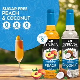 Syruvia Sugar-Free Coconut and Peach Syrup Fruit Favorites Variety Pack - 25.4 oz - Perfect for Cocktails, Desserts, Italian Sodas, Ice and More, Kosher and Gluten-Free.