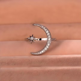 1pc Chic Moon & Sun Cuff Ring - Shimmering Rhinestone Crescent Design - Delicate Daily Wear & Party Accessory for Fashion-Forward Style - Christmas, Birthday Gift
