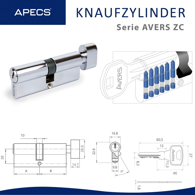 APECS AVERS ZC-80(40/40C)-C Door Lock Cylinder Lock with 5 Keys