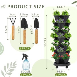 Umigy 2 Set of 7 Tier Vertical Planter Stackable Tower Planters Strawberry Herb Flower and Vegetable Pots Indoor Outdoor Gardening Pots with Removable Wheels and Tools(Black)