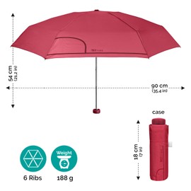 PERLETTI Pocket Umbrella Compact for Women - Mini Umbrella Super Small Foldable Girls with Manual Opening - Women's Umbrella with Case - Diameter 90 cm, red