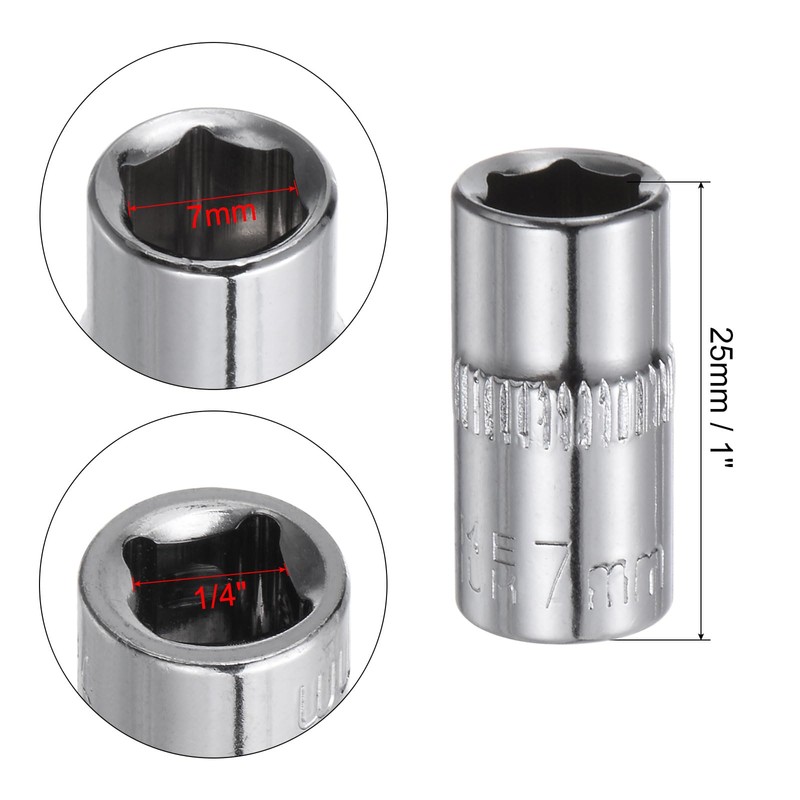 uxcell 4 Pcs 1/4-Inch Drive 7mm 6-Point Shallow Socket, Metric,