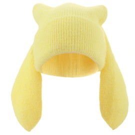 Bunny Beanie Hats for Women Cute Rabbit Beanie Crochet Hats Winter Cap Warm Skull Cap Outdoor Ski Slouchy Yellow