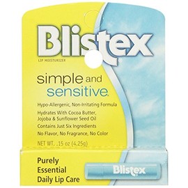 Blistex - Hidratante labial simple y sensible, hipoalergénico con cacao y manteca de karité, sin sabor ni fragancia, 0.15 onzas (paquete de 5)