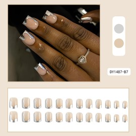 Square Press on Nails Short Fake Nails Silver French Tip False Nails with Cheese Patterns Design Glue on Nails Full Cover Stick on Nails Glossy Acrylic Nails Artificial Nails for Women Manicure 24Pcs