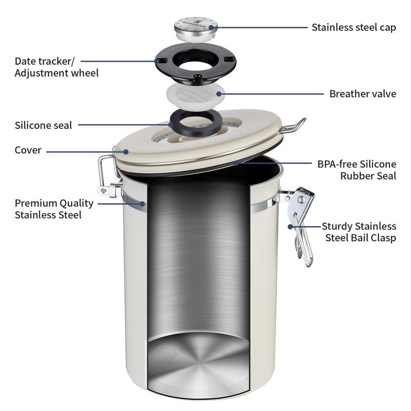 BERTILLE Stainless Steel Coffee Canister,22oz Kitchen Food Storage Container with