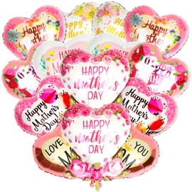 NOVWANG 24PCS Mother's Day Balloons, Happy Mother's Day Foil Balloons 18inch Love You Mom Heart Shaped Foil Balloons for Birthday Party Decorations