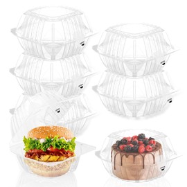 Hokimder 25 Pack Clear Clamshell Take Out Containers, Disposable Food Containers with Lids, 6 x 6 Inch Hinged Plastic To Go Take Out for Dessert, Cake, Salad, Bakery Supplies - With sealing sticker
