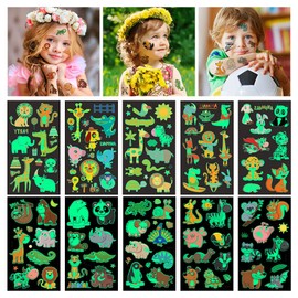 Aomig Temporary Tattoo for Kids, 10 Sheets Glow In The Dark Cartoon Animal Tattoo Stickers, Waterproof Luminous Fake Tattoo Stickers Set for Boys Girls Birthday Gift Party Bag Filler