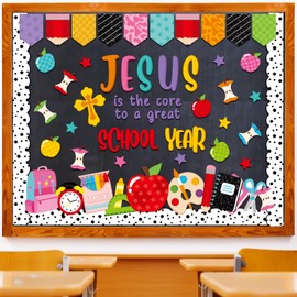 Mooliwe 125 Pcs Religious Classroom Bulletin Board Set Jesus is The Core to a Great School Year Bulletin Board Back to School Apple Cutouts Religious Classroom Chalkboard Wall Door Decor