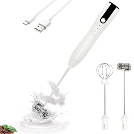 Double Whisk Milk Frother Handheld USB-C Rechargeable Electric Drink Mixer White,3 Speeds Adjustable Coffee Foamer Drink Whisk for Lattes, Matcha, Hot Chocolate, Egg, Matcha