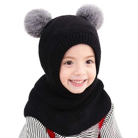 YONKOUNY Children's Girls Winter Hat Warm Cute Slip-On Hat with Bobble Beanie Knitted Hat Scarf Hat Fleece Hat, black