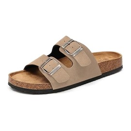 Sandalias Casuales para Mujer, Pantuflas Mujer Sandalias de Mujer Sandalias Arizona Piel Grasa de Dama Sandalias de Playa Zuecos para Mujer Doble Hebilla Ajustable Con Plantilla De Corcho Suave (Caqui, Adulto, 24.0 cm, Medición, Sistema tallas calzado JP