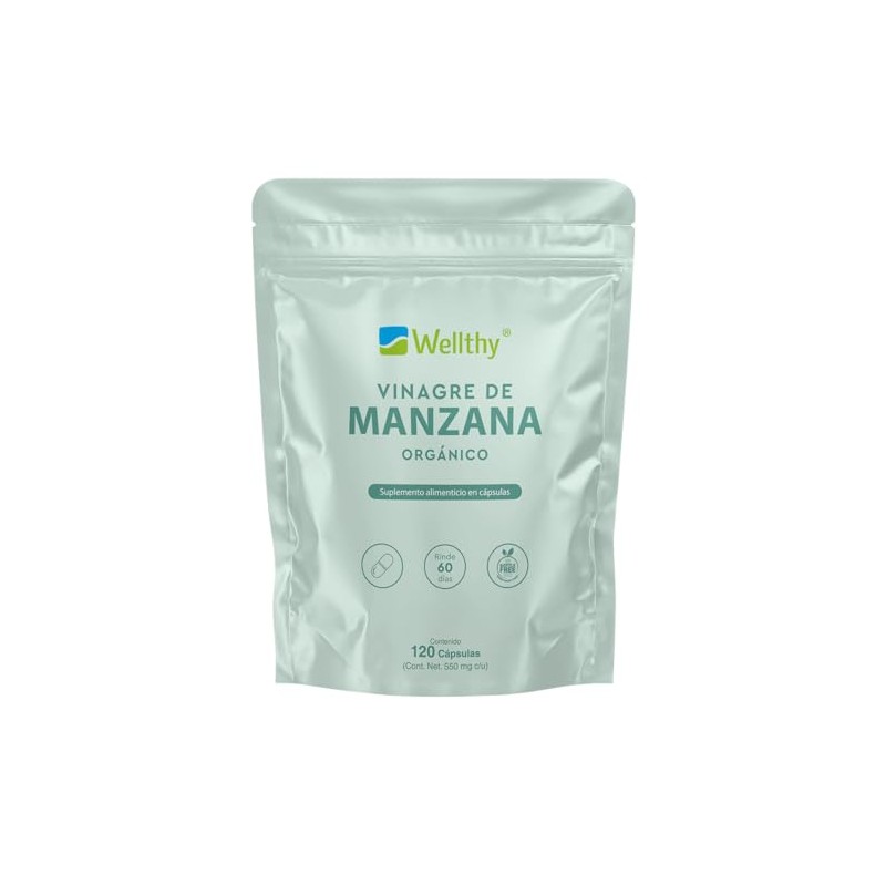 Wellthy Vinagre Manzana 120 Cápsulas 550mg Suplemento Alimenticio Orgánico Vegano