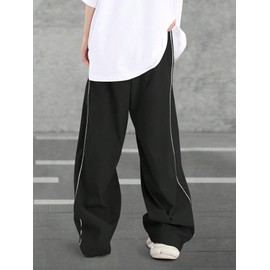 GORGLITTER Men's Baggy Track Pants Y2K Drawstring Elastic Waist Wide Leg Parachute Pants Black Medium