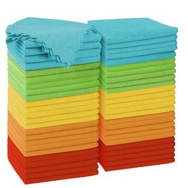 Puomue Microfiber Cleaning Cloth, 50 Pack Cleaning Rags with 5 Color Assorted, Absorbent and Lint Free Cleaning Cloth for Window, Household and Kitchen, 11"X11.5", (Blue/Yellow/Green/Orange/Red)