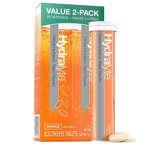 HydralyteÂ Effervescent Electrolytes Tablets - Orange | 40 Tablets | Prevents & Relieves Dehydration | Rehydrates Faster Than Water | Vegan, Gluten Free & Caffeine Free
