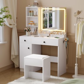 NUNU LAB 39 Inchs Small Vanity Desk with Mirror and Lights with 2 Drawers, Women Makeup Table with Power Outlet, 3-Color Adjustable Lighting for Bedroom