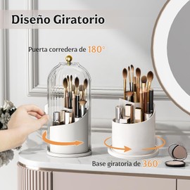 Organizador de Maquillaje Giratorio 360 Grados, Porta Brochas con Tapa Porta Cepillo de Dientes Baño a Prueba de Polvo, Organizador de Tocador Mujer con 3 Ranuras para Cosméticos y Skincare