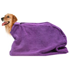 Premium Microfiber Dog Drying Bag - Quickly Removes Water Mud and Dirt - Extra Absorbent Towel Solution with Durable Hook and Loop Neck Strap-Purple-S Plus