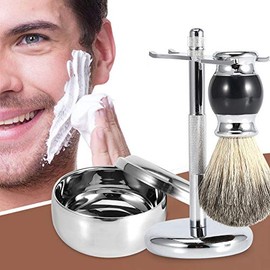 Kit de afeitado 3 en 1 para hombre, soporte de afeitado profesional y jabonera, brocha para barba de pelo de tejón, soporte para brocha y juego de cue