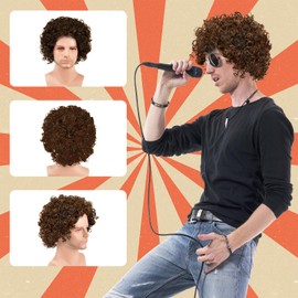 Mullet Wigs for Men,Retro Pop Rock Curly Mens Wig,Classic Retro Trend with Short Wavy Style and Beard,for 80s Theme Parties, Dances,Cosplay(Brown)