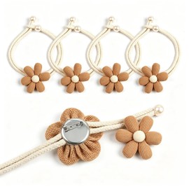 4Pcs Flower Curtain Tie Backs Hand Knitted Rope Tie Backs for Curtains with Adjustable Beads Cotton Linen Curtain Tiebacks White Flower Rope Design for Living Room Bedroom Office Decor Outdoor (Brown)