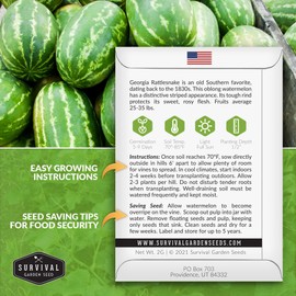 Survival Garden Seeds - Georgia Rattlesnake Watermelon Seed for Planting - Packet with Instructions to Plant and Grow Melons in Your Home Vegetable Garden - Giant Super Sweet Non-GMO Heirloom Variety