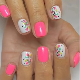 GlamRays 24 Stück Blumen Press on Nails Kurz Quadratisch Falsche Nägel mit Design Cute Falsche Nägel Vollständige Abdeckung Glanz Stick on Nägel Frühlingsnägel Kleben Nägel Rosa