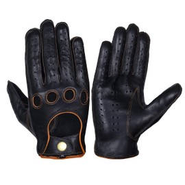 Genuine Leather Gloves, Pure Leather Fashion Gloves, Lambskin Leather Gloves, Motorcycle Gloves, Leather Knuckle Fit Gloves (Large, Black Tan Lining)