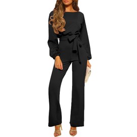 Happy Sailed Women Casual Loose Long Sleeve Belted Wide Leg Pant Romper Jumpsuits Large Black