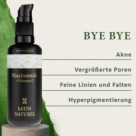 NIACINAMIDE SERUM 100 ml - 100% Vegan & Organic - Against Excess Oil and Redness - Reduce Pores - With Vitamin C + Aloe Vera - Removes Blemishes - Satin Natural