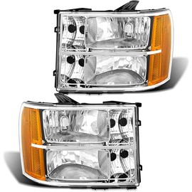 for 2007 2008 2009 2010 2011 2012 2013 2014 Sierra Headlight Assembly compatible with 07-13 GMC Sierra 1500/07-14 GMC Sierra 2500HD 3500HD Chrome Housing Headlamp Replacement L+R