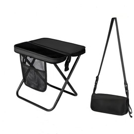 16" Extra Tall Portable Folding Stool for Adults, X-Large Collapsible Camping Chair with 3 Storage Pockets, Heavy Duty Travel Seat for Fishing, Hiking, Gardening,Black